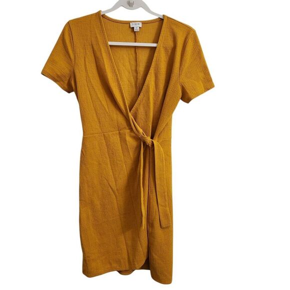 J. Crew Wrap Dress Womens Small Yellow Mustard Textured Knit Short Sleeve V-Neck - Picture 1 of 9